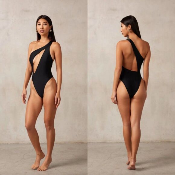 MBM SWIM black Serenity cut out one shoulder cheeky one piece swimsuit - Picture 5 of 5
